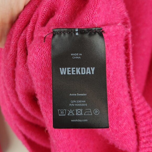Weekday Bright Pink Annie Chunky Knit Oversized Crewneck Sweater Wool Blend sz S - Picture 11 of 12